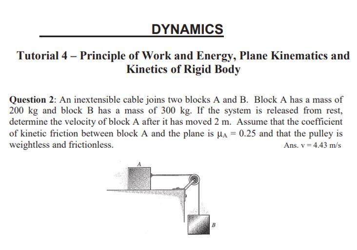 Dynamics Tutorial 4 Principle Of Work And Energy Plane Kinematics And Kinetics Of Rigid Body Question 2 An Inextensi 1
