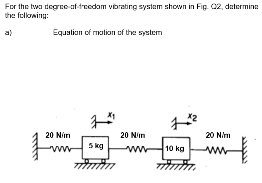 For The Two Degree Of Freedom Vibrating System Shown In Fig Q2 Determine The Following A Equation Of Motion Of The S 1