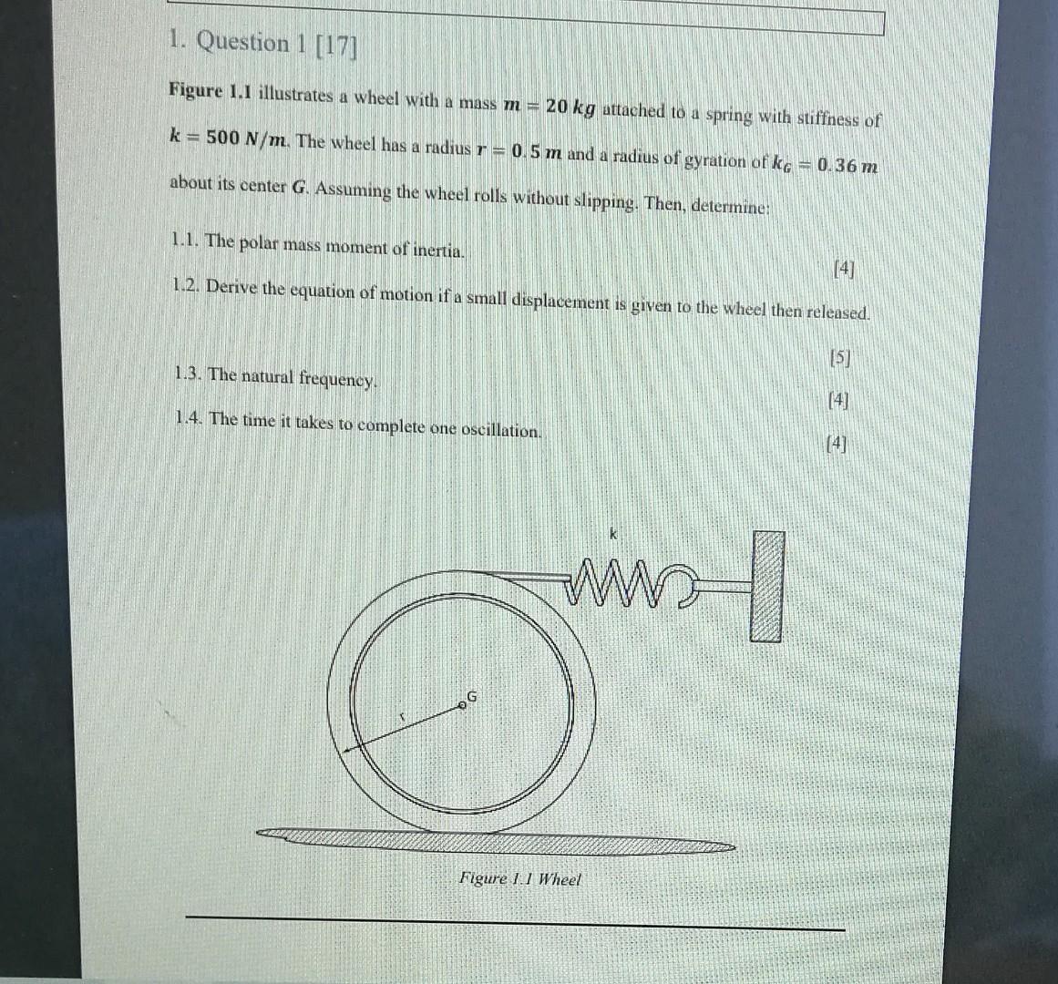 1 Question 1 17 Figure 1 1 Illustrates A Wheel With A Mass M 20 Kg Attached To A Spring With Stiffness Of K 500 N 1