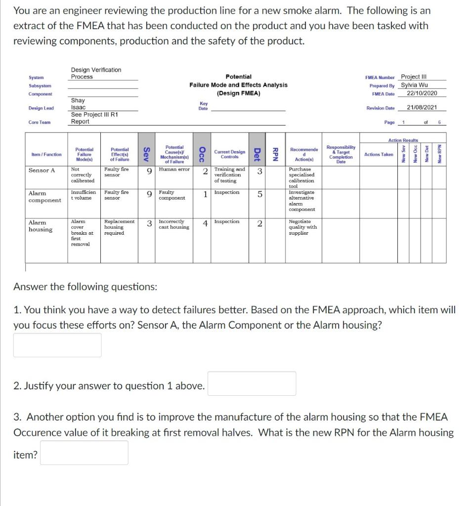 You Are An Engineer Reviewing The Production Line For A New Smoke Alarm The Following Is An Extract Of The Fmea That Ha 1