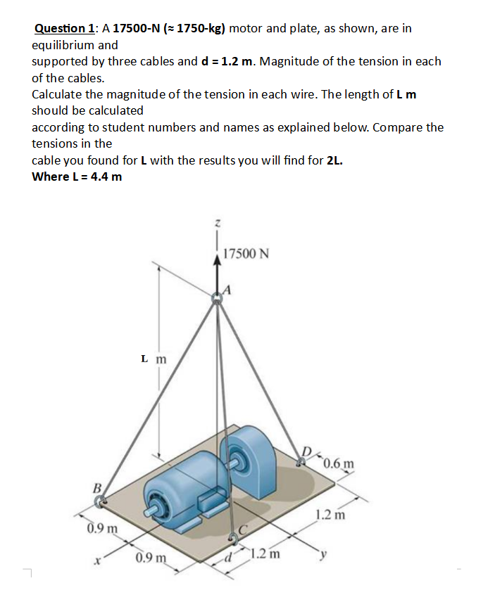 Question 1 A 17500 N 1750 Kg Motor And Plate As Shown Are In Equilibrium And Supported By Three Cables And D 1 1