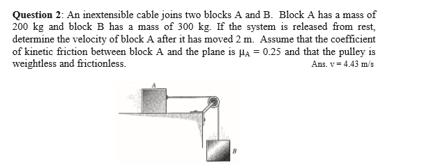 Question 2 An Inextensible Cable Joins Two Blocks A And B Block A Has A Mass Of 200 Kg And Block B Has A Mass Of 300 K 1