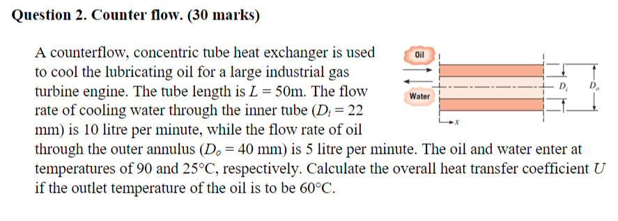 Question 2 Counter Flow 30 Marks A Counterflow Concentric Tube Heat Exchanger Is Used Oil To Cool The Lubricating O 1