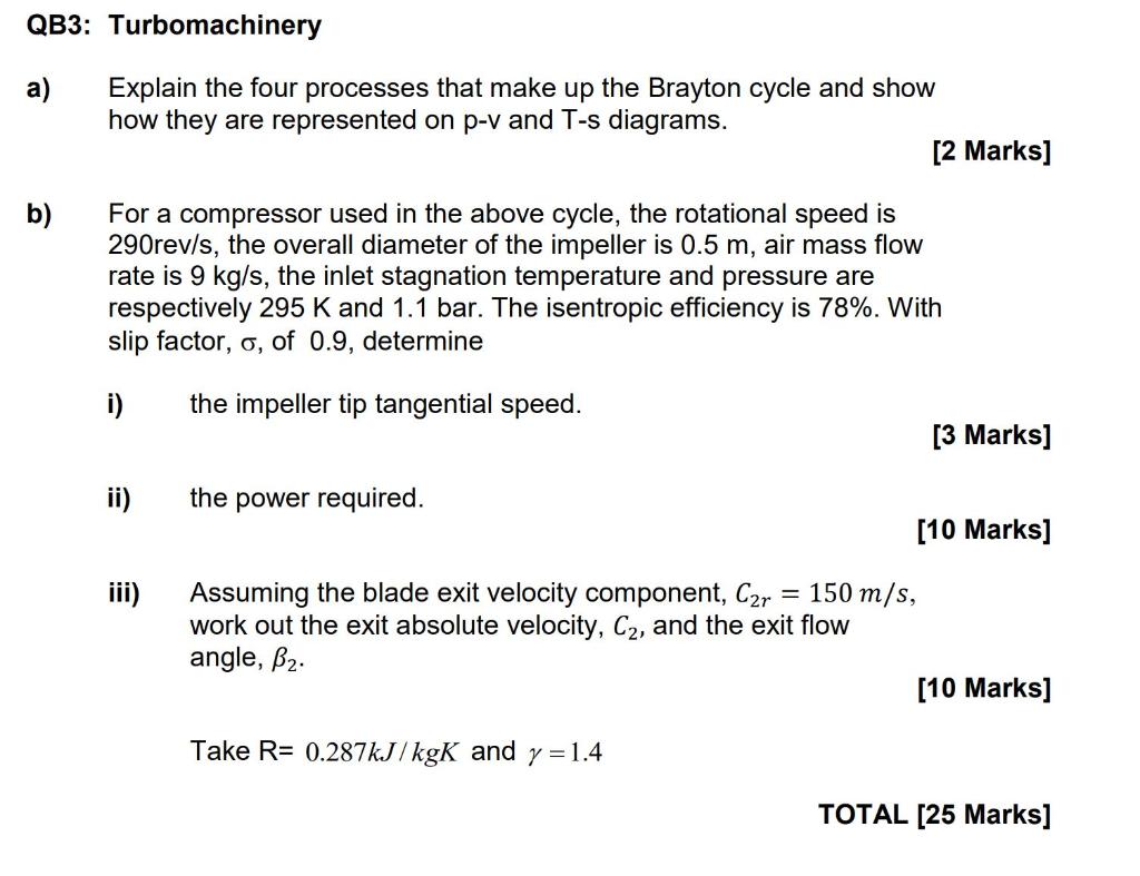 Qb3 Turbomachinery A Explain The Four Processes That Make Up The Brayton Cycle And Show How They Are Represented On P 1