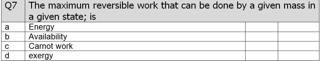 A Q7 The Maximum Reversible Work That Can Be Done By A Given Mass In A Given State Is Energy B Availability Carnot Work 1