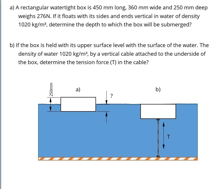 A A Rectangular Watertight Box Is 450 Mm Long 360 Mm Wide And 250 Mm Deep Weighs 276n If It Floats With Its Sides And 1