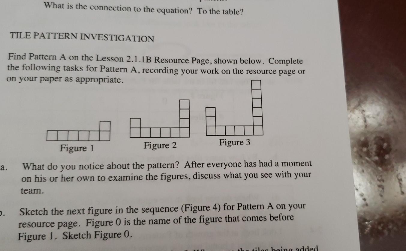 What Is The Connection To The Equation To The Table Tile Pattern Investigation Find Pattern A On The Lesson 2 1 1b Res 1