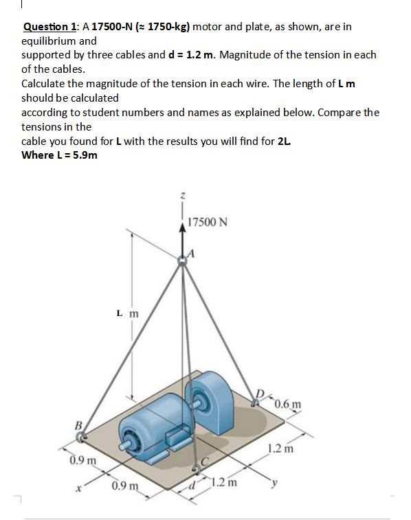 Question 1 A 17500 N 1750 Kg Motor And Plate As Shown Are In Equilibrium And Supported By Three Cables And D 1 1
