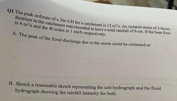 Q1 The Peak Ordinate Of A 3hr Uh For A Catchment Is 12 M S An Isolated Storm Of 3 Hours Duration In The Catchment Was R 1