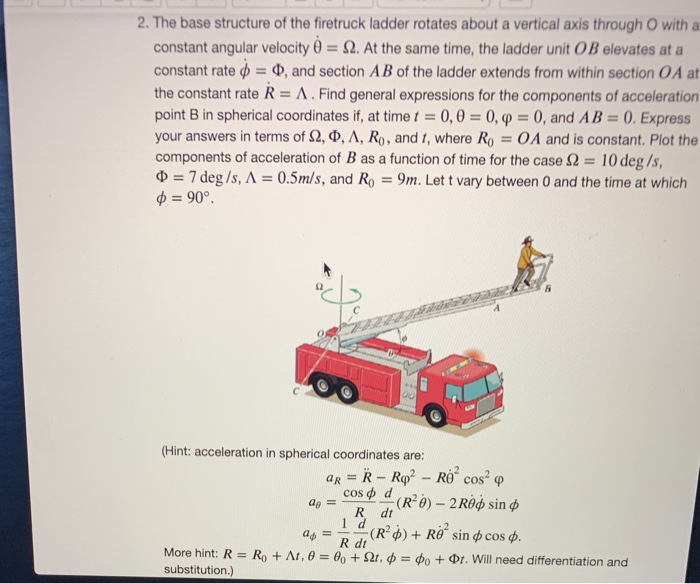 2 The Base Structure Of The Firetruck Ladder Rotates About A Vertical Axis Through O With A Constant Angular Velocity 0 1