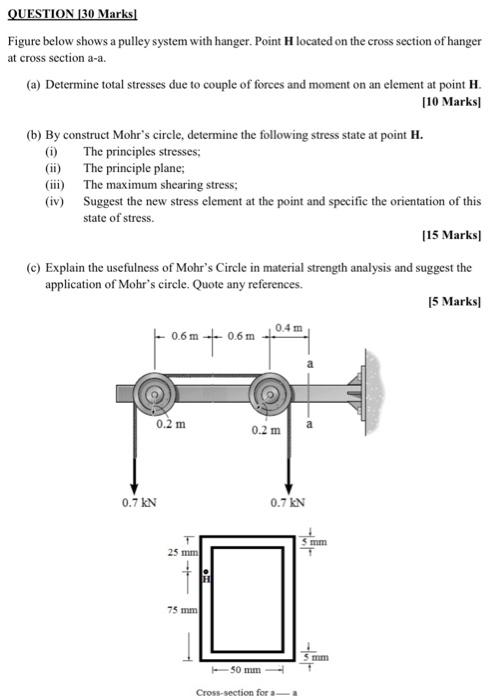 Question 30 Marks Figure Below Shows A Pulley System With Hanger Point H Located On The Cross Section Of Hanger At Cro 1