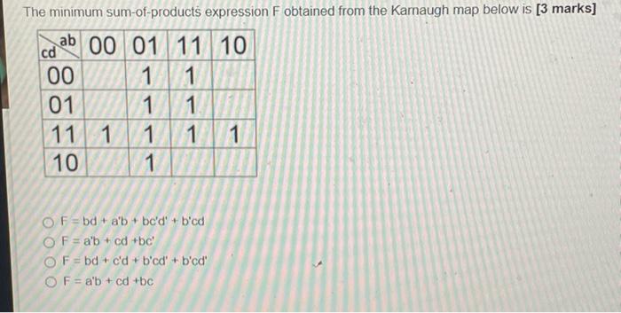 The Minimum Sum Of Products Expression F Obtained From The Karnaugh Map Below Is 3 Marks Ab 00 01 11 Cd 11 10 00 1 1 0 1