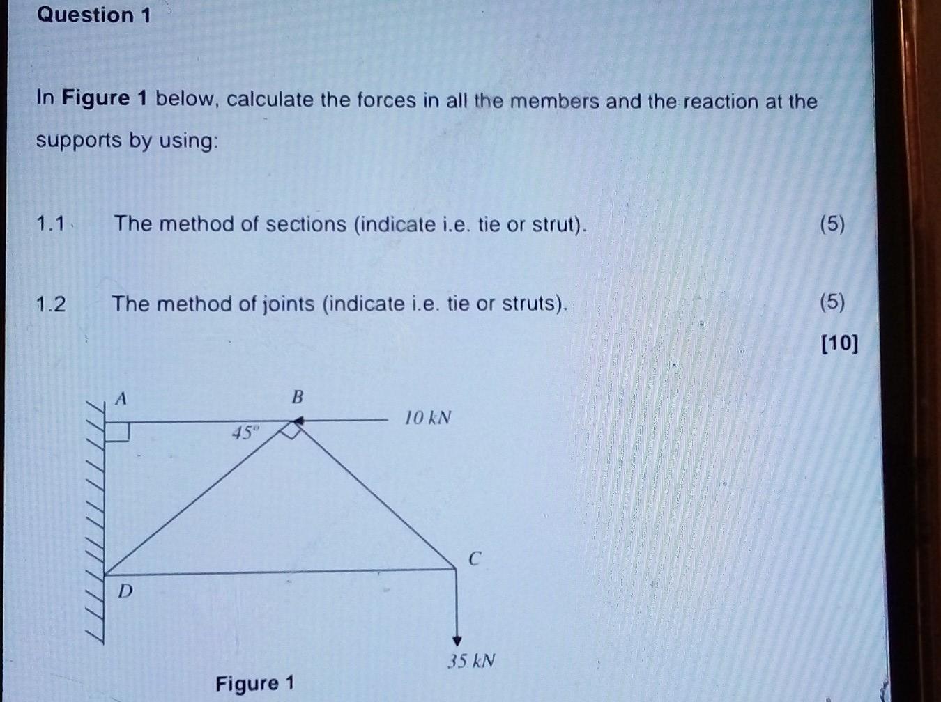 Question 1 In Figure 1 Below Calculate The Forces In All The Members And The Reaction At The Supports By Using 1 1 The 1