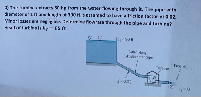 4 The Turbine Extracts 50 Hp From The Water Flowing Through It The Pipe With Diameter Of 1 Ft And Length Of 300 Ft Is 1