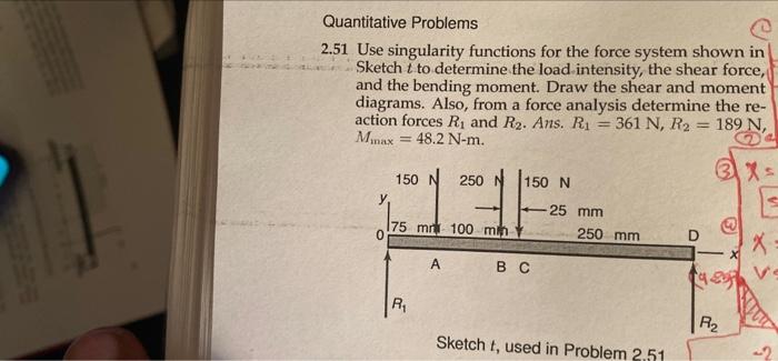 Quantitative Problems 2 51 Use Singularity Functions For The Force System Shown In Sketch I To Determine The Load Intens 1