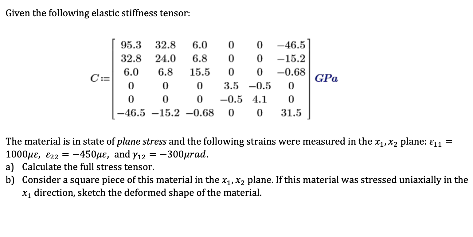 Given The Following Elastic Stiffness Tensor C 95 3 32 8 6 0 0 0 46 5 32 8 24 0 6 8 0 0 15 2 6 0 6 8 15 5 0 0 0 68 1