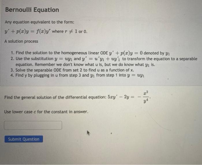 Bernoulli Equation Any Equation Equivalent To The Form Y P X Y F X Y Where R 1 Or 0 A Solution Process 1 Find 1