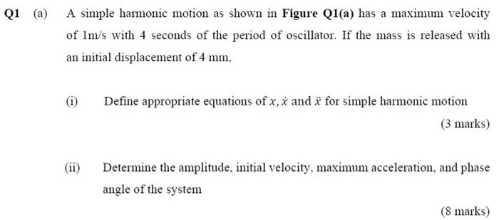 Q1 A A Simple Harmonic Motion As Shown In Figure Q1 A Has A Maximum Velocity Of Lm S With 4 Seconds Of The Period Of 1