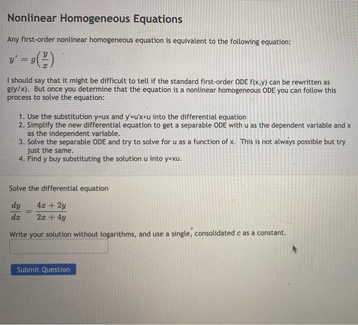 Nonlinear Homogeneous Equations Any First Order Nonlinear Homogeneous Equation Is Equivalent To The Following Equation 1