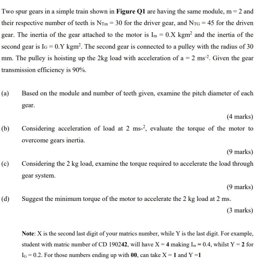 Two Spur Gears In A Simple Train Shown In Figure Q1 Are Having The Same Module M 2 And Their Respective Number Of Teet 1