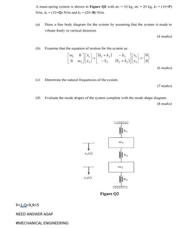 A Mass Spring System Is Shown In Figure Q2 With M 10 Kg M 20 Kg Ki 10 P N M 62 10 0 N M And K3 20 R N 1