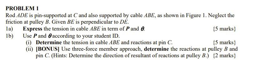 1a Problem 1 Rod Ade Is Pin Supported At C And Also Supported By Cable Abe As Shown In Figure 1 Neglect The Friction 1