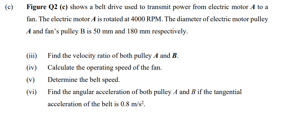 C Figure Q2 C Shows A Belt Drive Used To Transmit Power From Electric Motor A To A Fan The Electric Motor A Is Rota 1