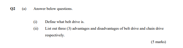 Q2 A Answer Below Questions Define What Belt Drive Is List Out Three 3 Advantages And Disadvantages Of Belt Driv 1
