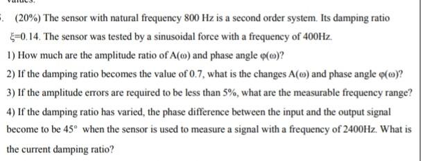 20 The Sensor With Natural Frequency 800 Hz Is A Second Order System Its Damping Ratio 0 14 The Sensor Was Tested 1