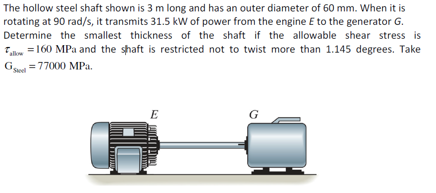The Hollow Steel Shaft Shown Is 3 M Long And Has An Outer Diameter Of 60 Mm When It Is Rotating At 90 Rad S It Transmi 1