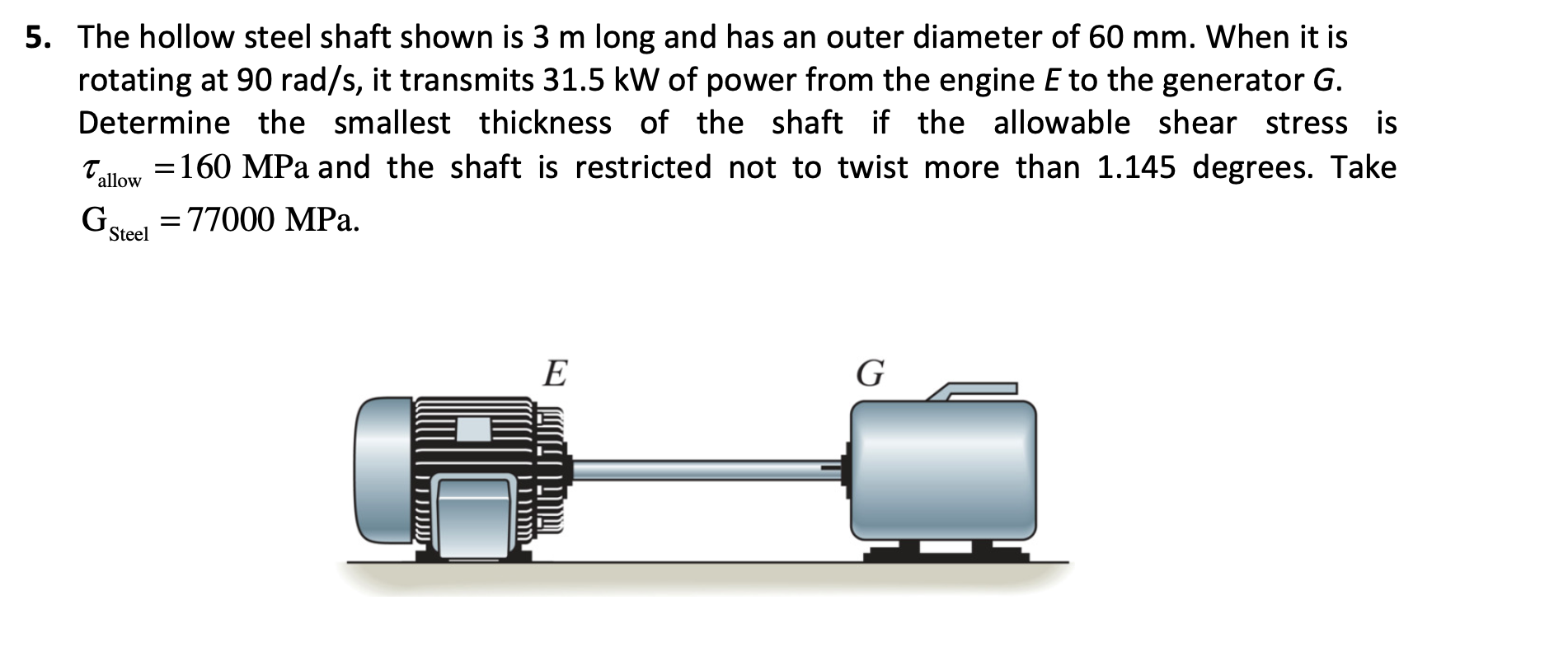 5 The Hollow Steel Shaft Shown Is 3 M Long And Has An Outer Diameter Of 60 Mm When It Is Rotating At 90 Rad S It Tran 1