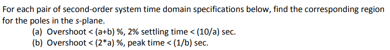 For Each Pair Of Second Order System Time Domain Specifications Below Find The Corresponding Region For The Poles In Th 1