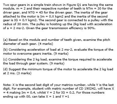 Two Spur Gears In A Simple Train Shown In Figure Q1 Are Having The Same Module M 2 And Their Respective Number Of Tee 1