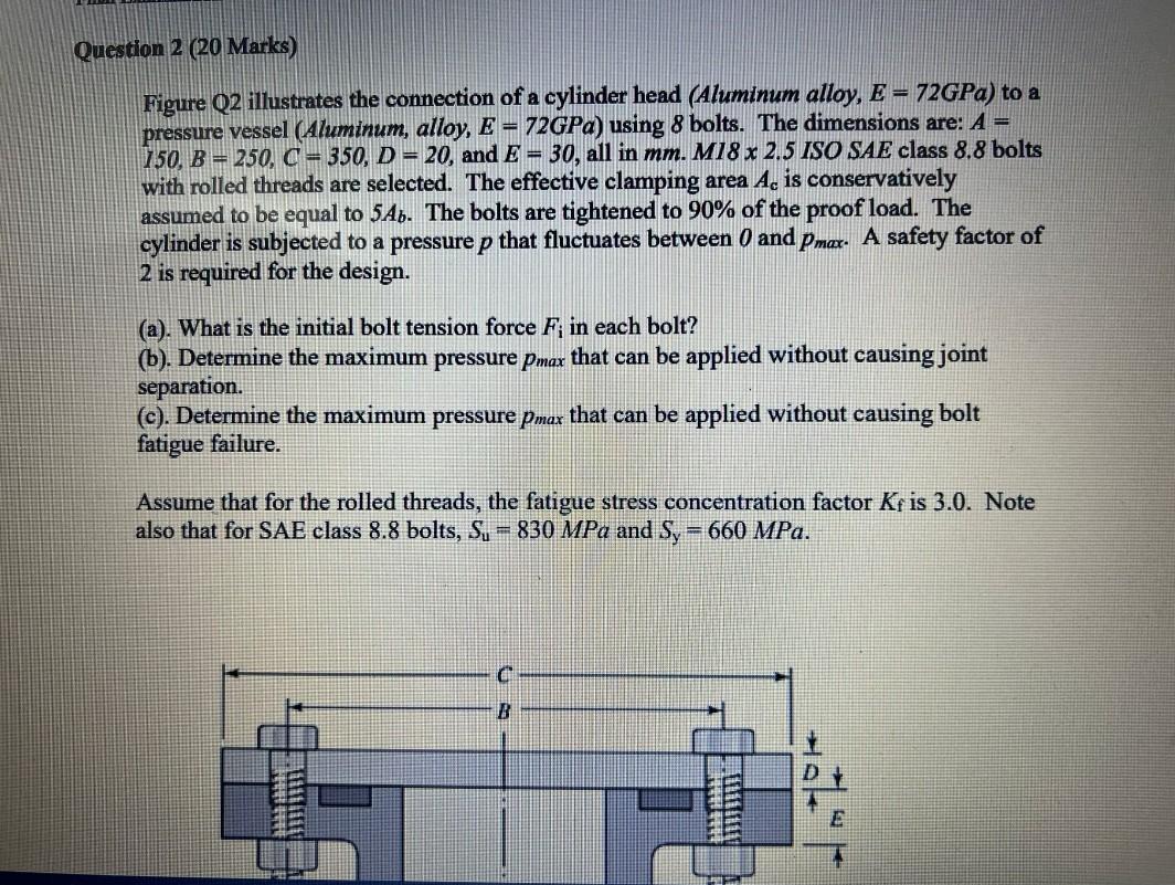 Question 2 20 Marks Figure Q2 Illustrates The Connection Of A Cylinder Head Aluminum Alloy E 72gpa To A Pressure 1