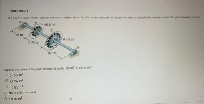 Question 1 The Shaft Is Made Of Steel With The Modules Of Riidity Of G75 Pa It Has A Diameter Of 25 Mm The Shorts Sport 1