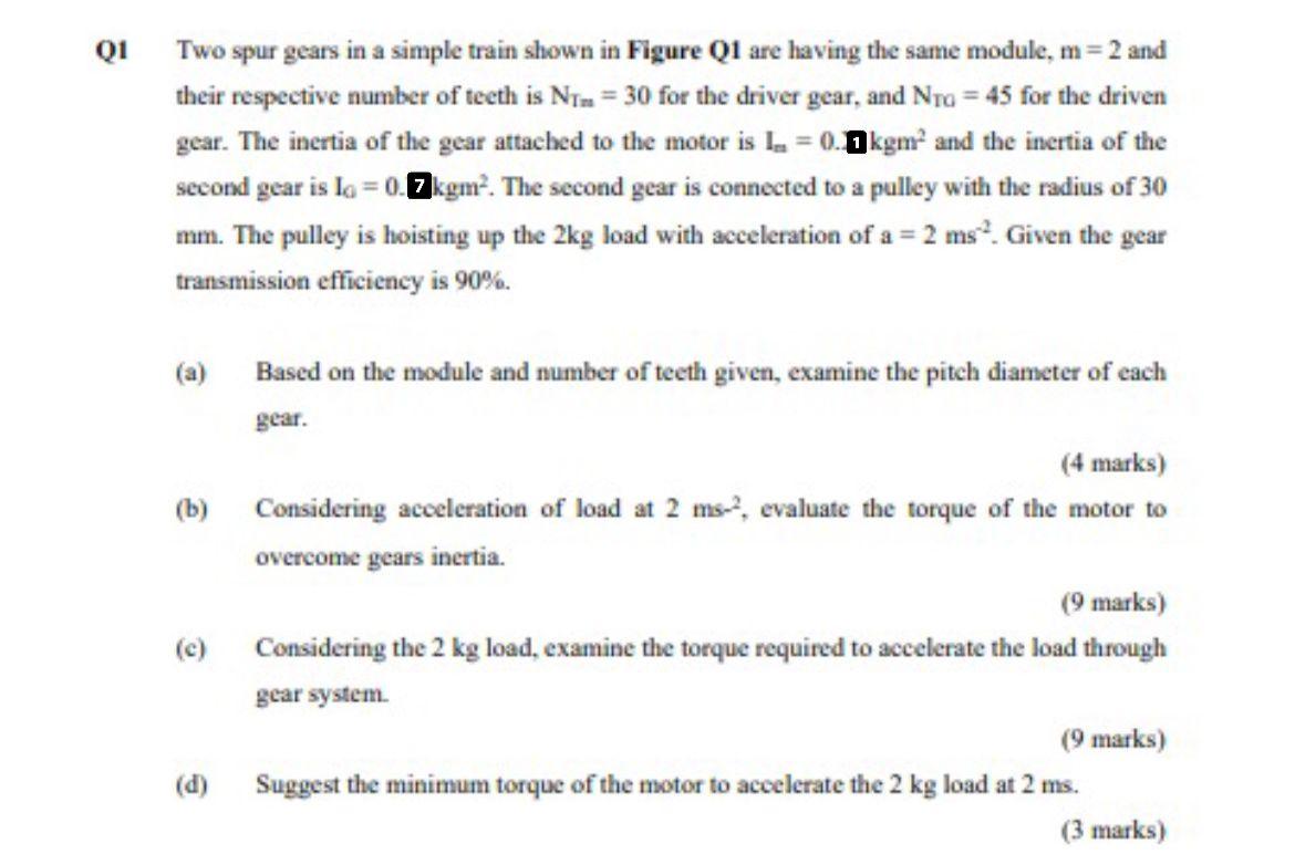 Q1 Two Spur Gears In A Simple Train Shown In Figure Q1 Are Having The Same Module M 2 And Their Respective Number Of Te 1
