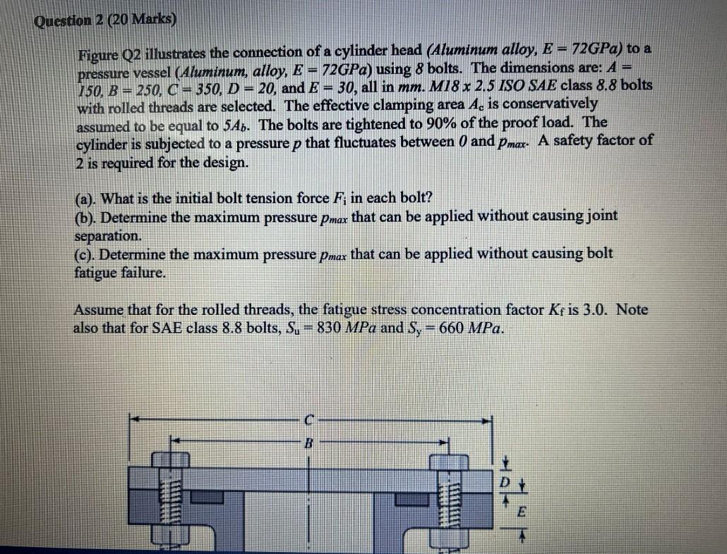 Question 2 20 Marks Figure Q2 Illustrates The Connection Of A Cylinder Head Aluminum Alloy E 72gpa To A Pressure 1