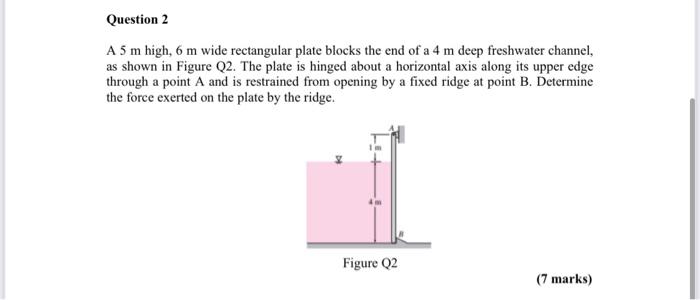 Question 2 A 5 M High 6 M Wide Rectangular Plate Blocks The End Of A 4 M Deep Freshwater Channel As Shown In Figure Q2 1