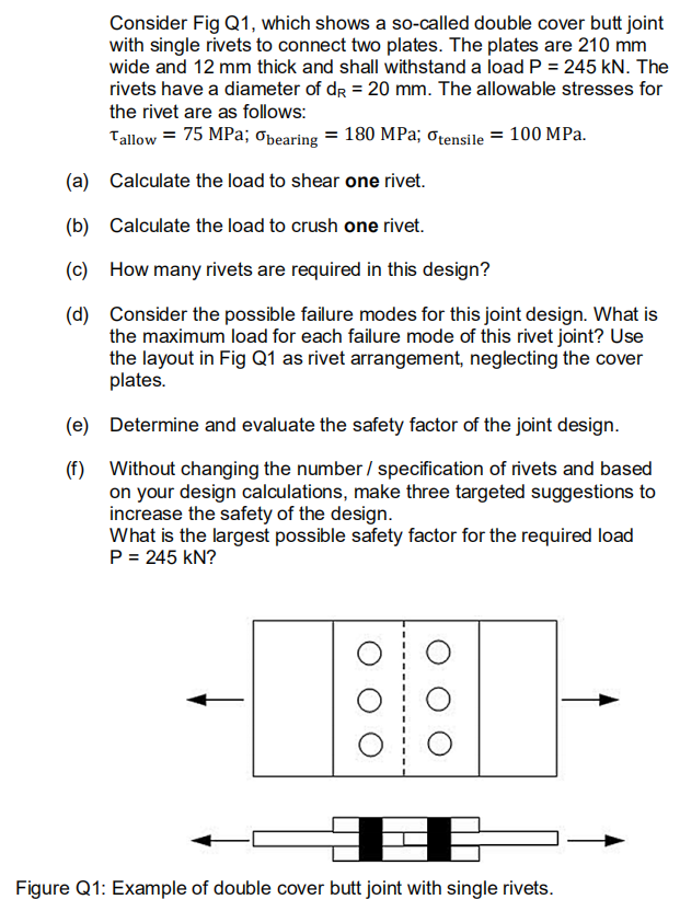 Consider Fig Q1 Which Shows A So Called Double Cover Butt Joint With Single Rivets To Connect Two Plates The Plates Ar 1