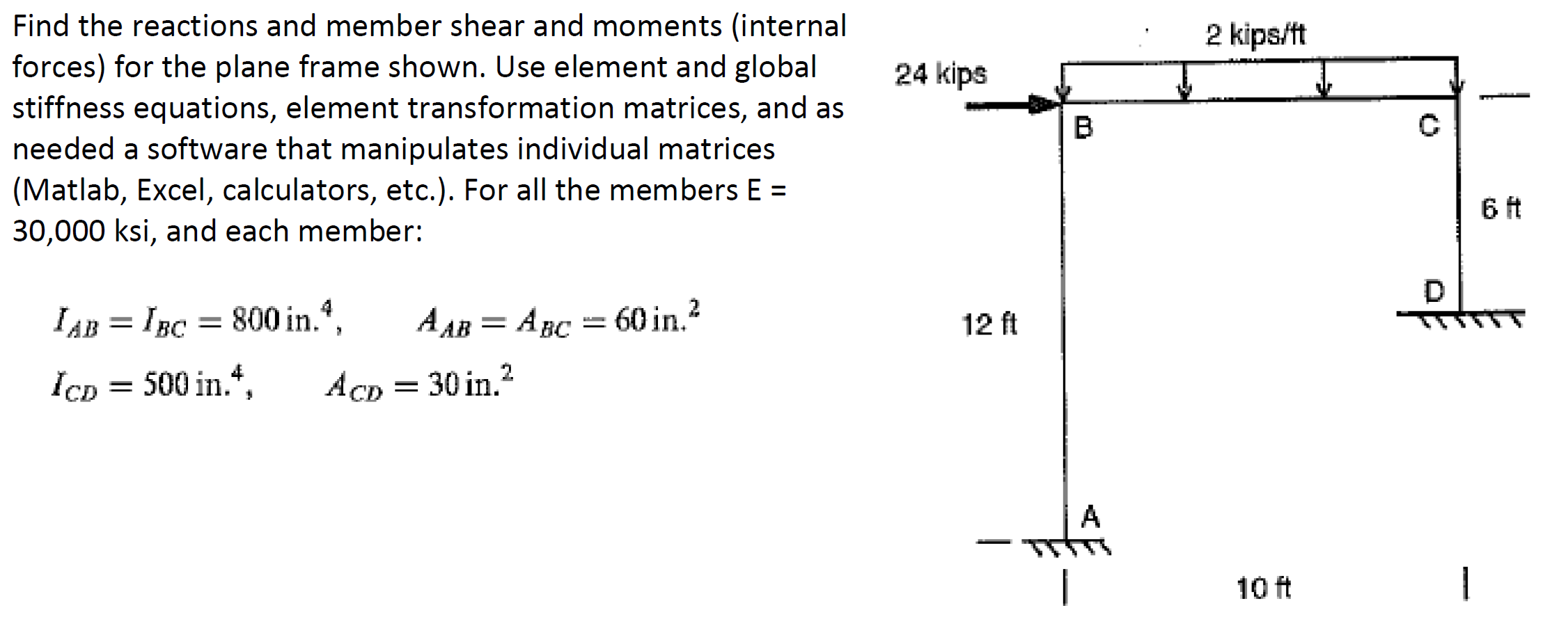 2 Kips Ft 24 Kips Find The Reactions And Member Shear And Moments Internal Forces For The Plane Frame Shown Use Eleme 1