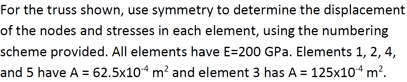 For The Truss Shown Use Symmetry To Determine The Displacement Of The Nodes And Stresses In Each Element Using The Num 1