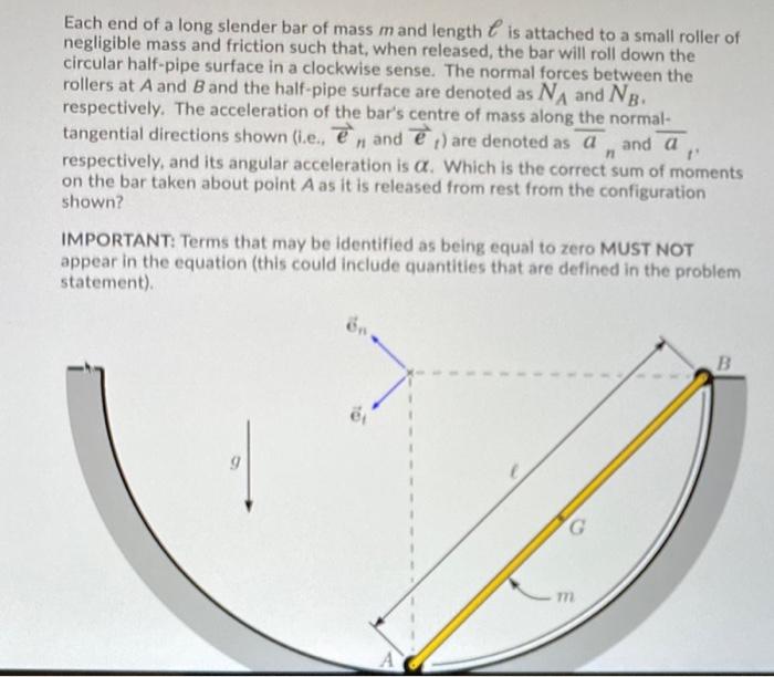 Each End Of A Long Slender Bar Of Mass M And Length Is Attached To A Small Roller Of Negligible Mass And Friction Such T 1