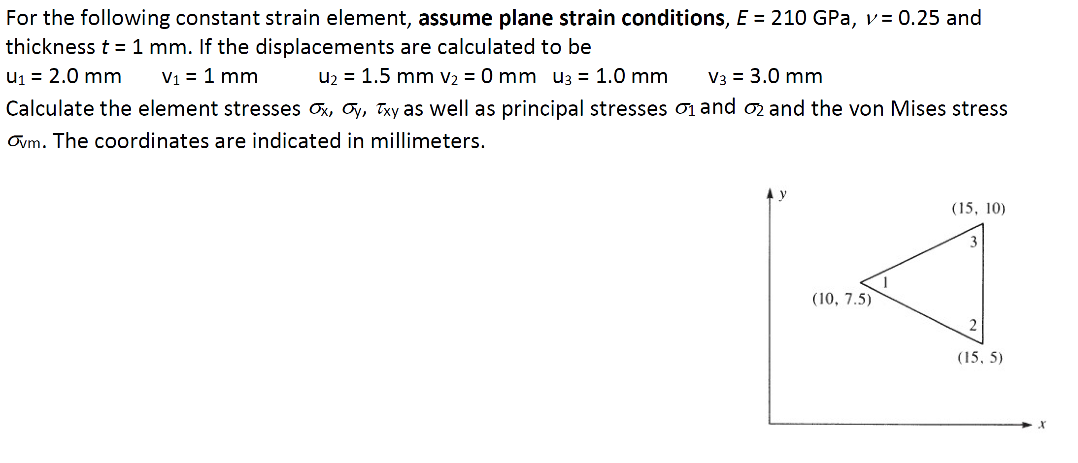 For The Following Constant Strain Element Assume Plane Strain Conditions E 210 Gpa V 0 25 And Thickness T 1 Mm 1