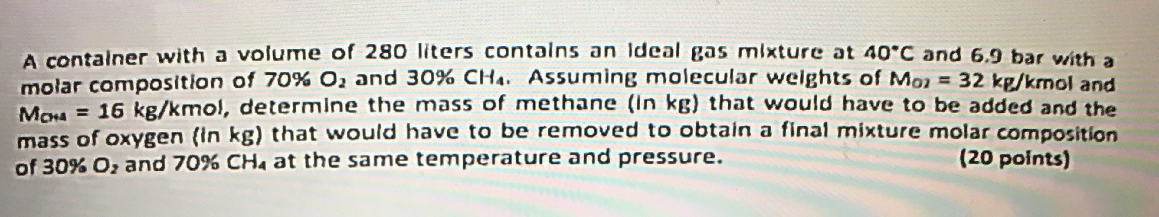 A Container With A Volume Of 280 Liters Contains An Ideal Gas Mixture At 40 C And 6 9 Bar With A Molar Composition Of 70 1
