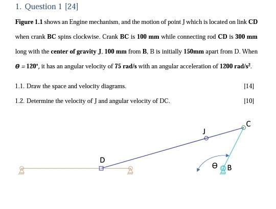1 Question 1 24 Figure 1 1 Shows An Engine Mechanism And The Motion Of Point J Which Is Located On Link Cd When Cran 1