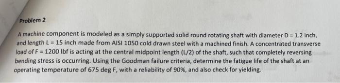 Problem 2 A Machine Component Is Modeled As A Simply Supported Solid Round Rotating Shaft With Diameter D 1 2 Inch An 1