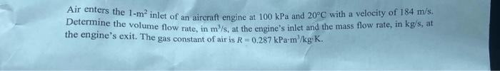 Air Enters The 1 M Inlet Of An Aircraft Engine At 100 Kpa And 20 C With A Velocity Of 184 M S Determine The Volume Flow 1