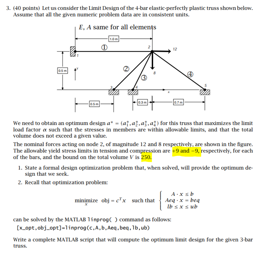 3 40 Points Let Us Consider The Limit Design Of The 4 Bar Elastic Perfectly Plastic Truss Shown Below Assume That Al 1