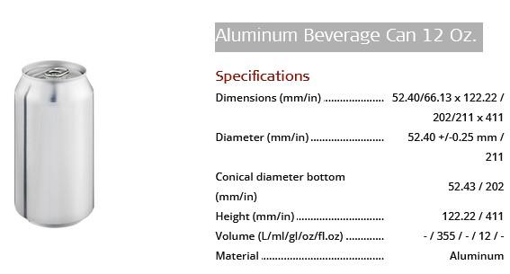 Aluminum Beverage Can 12 Oz Specifications Dimensions Mm In 52 40 66 13 X 122 22 202 211 X 411 52 40 0 25 Mm 2 1
