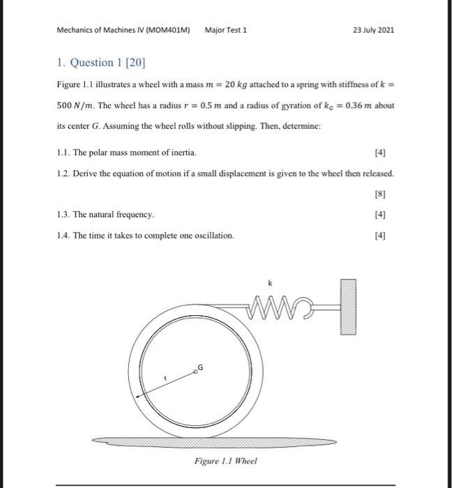 Mechanics Of Machines Iv Mom401m Major Test 1 23 July 2021 1 Question 1 20 Figure 1 1 Illustrates A Wheel With A Ma 1